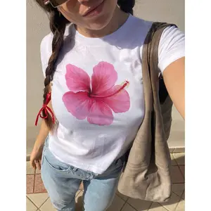 Tropical Flower Baby Tee, Hibiscus Shirt, Cute Shirt, Y2K, Gift for Her, Girly Shirt, Soft Girl Era, Hawaiian Flower Shirt, Girly Gifts