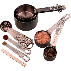 Copper Plated Measuring Cups and Spoons set, Stainless Steel Measuring Cups and Spoons Set for Baking & Kitchen, Cute Metal Metric &  Measure Cup and Spoon with Leveler & 1/8 Cup