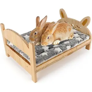 Large Wooden Rabbit Bed with Soft Mat, 2 in 1 Folding Pet Bed for Rabbit Guinea Pig Hamster Ferret Chinchilla Kitten Puppy Sleeping, Detachable Small Animal Bed, Wood Rabbit Habitat