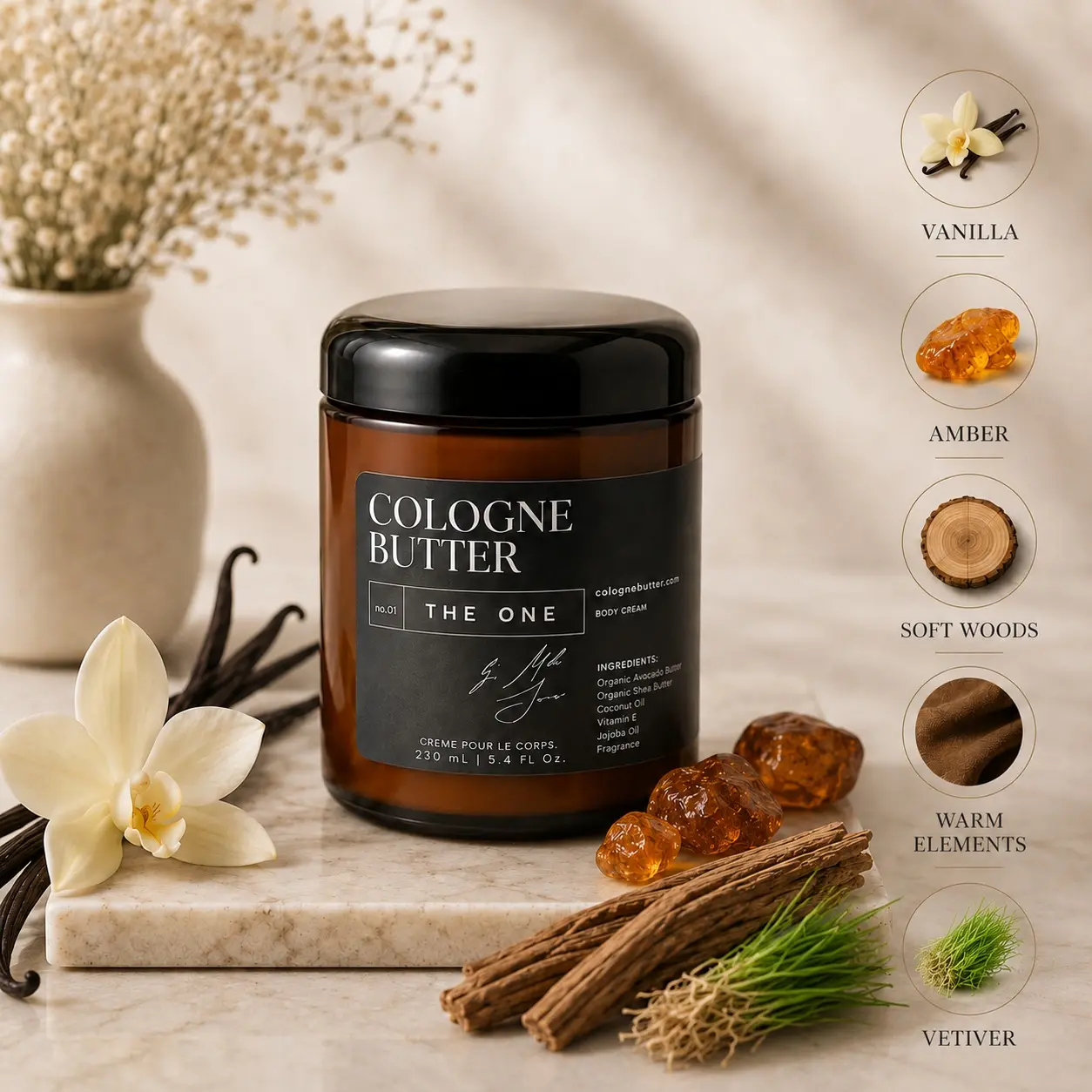 THE ONE – Luxury Fragrance Body Butter | Cedarwood, Vetiver & Warm Floral Cologne Scent Moisturizing Skin Butter | Cologne Butter