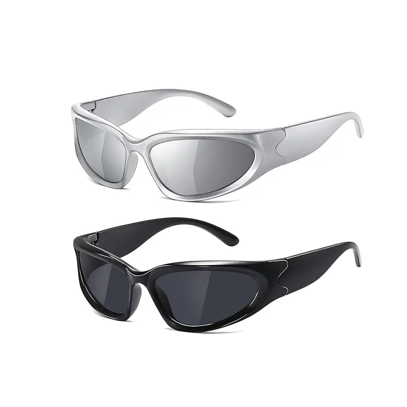 Y2K Futuristic Wrap Around Cat Eye Sunglasses Women Glossy Full Frame Solid Dark Mirror Lens UV400 Cyber Street Fashion Shades Multiple Color Options