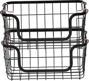 Stackable Metal Wire Rectangular Storage Baskets for Kitchen, Bathroom or Pantry Organizing, 2 Count, Black