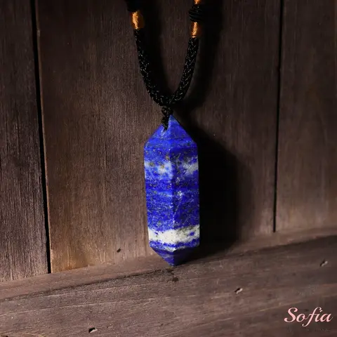 Handmade Boho Sofia Natural Blue Lapis Lazuli Stone Wand Pendant Necklace, Unisex Adjustable Rope Chain, 24in Natural Crystal Gemstone Charm, Easy Style for Daily Wear