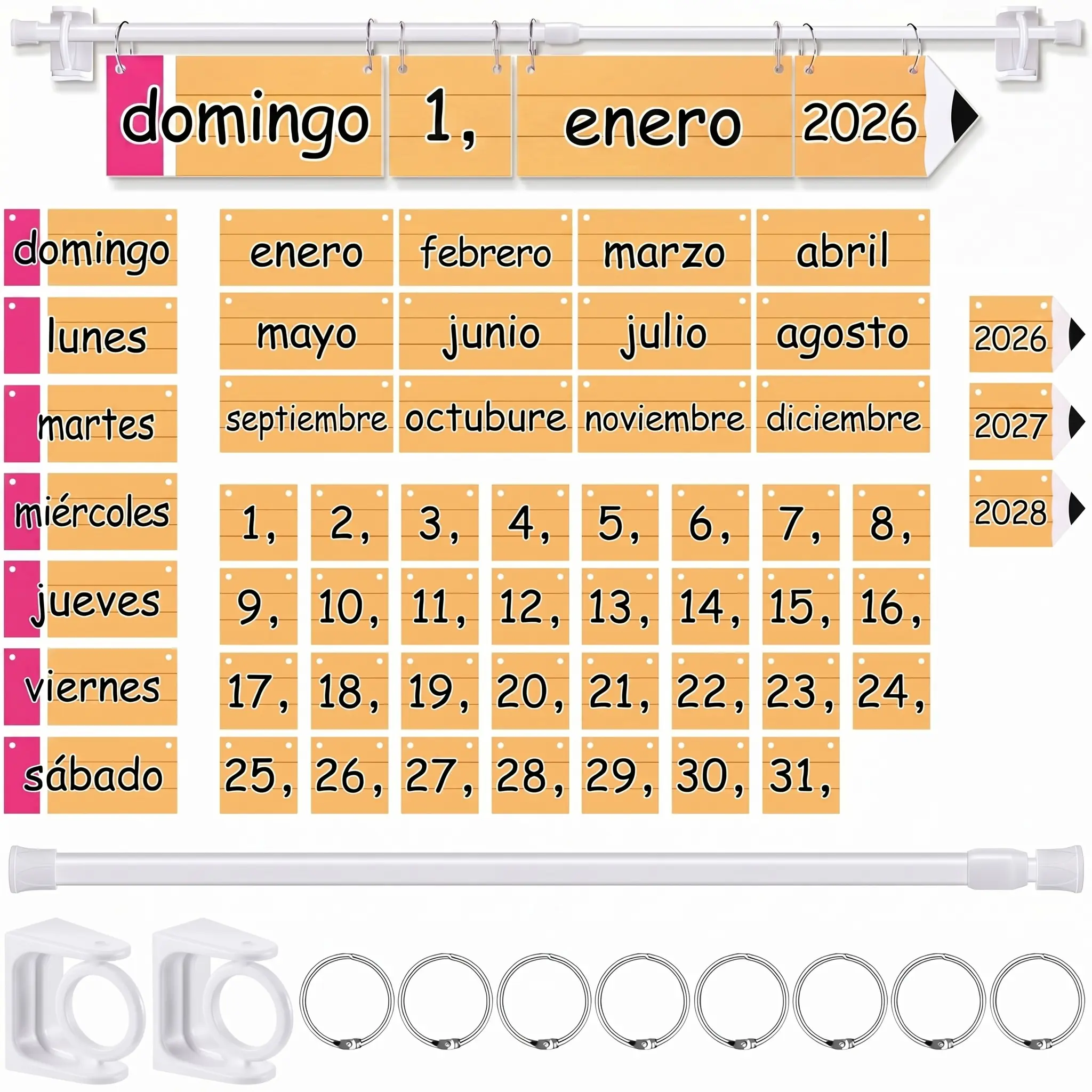 Spanish Classroom Flip Calendar Back to School Reusable Classroom Calendar Calendario Espanol First Day of School Bulletin Board White Board Classroom Decor Teacher Hack Organization Kit Include Rod and 54 Date Cards for Preschool kindergarten Primary
