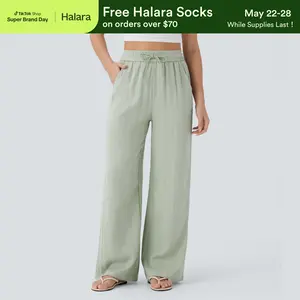 【Creator's Pick】Halara High Waisted Drawstring Pocket Wide Leg Casual Linen-Feel Pants #SwimWeek