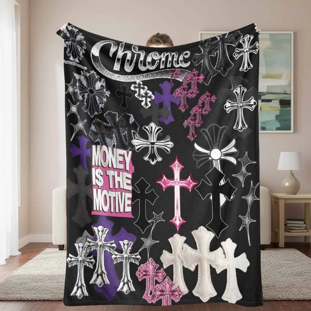 Chrome Cross Flannel Throw Blanket, Gothic Cross Print, Soft Cozy Lightweight Fade-Resistant Plush Throw, for Sofa Bedroom, Halloween Gift Home Decor, Throw Blankets