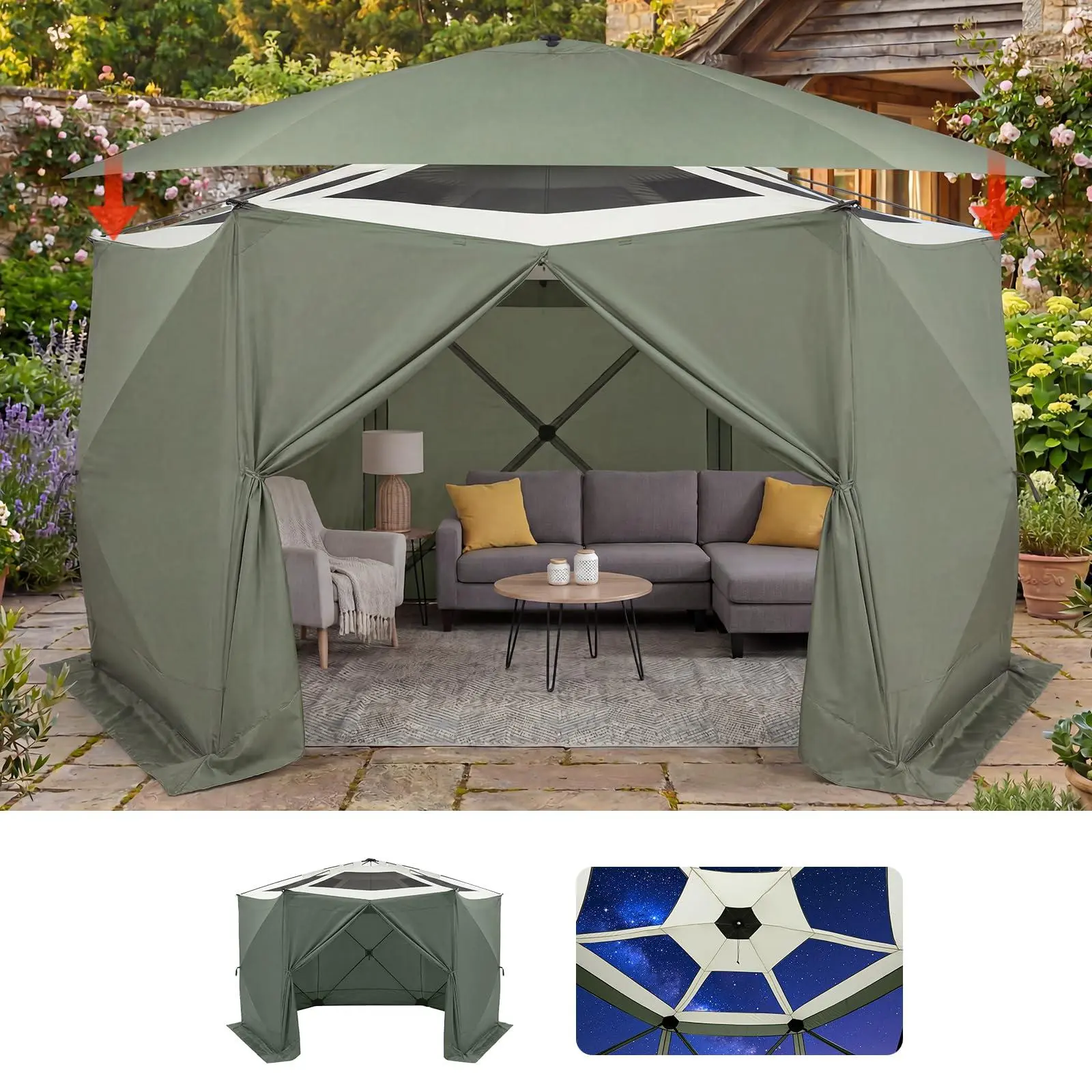 13x13FT Pop Up Gazebo Screen Tent, 6-Sided Canopy with Detachable Eaves & Starry Sky Top, 210D Oxford Water-Proof Instant Shelter with Mosquito Netting for Backyard Camping, Green & Gray
