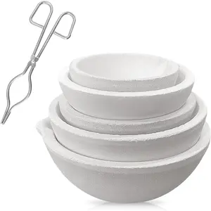 6 Pack Ceramic Crucible Bowl with 7.87" Crucible Tong, 1000g/500g/250g/150g/100g Quartz Ceramic Crucible Melting Dishes Pot for Casting Refining Torch Melt Jewelry Gold Silver Brass Alloy