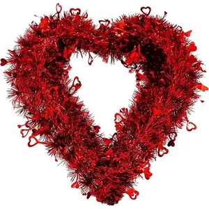 4E's Novelty 14” Valentines Tinsel Wreath – Red Heart Design for Front Door & Romantic Decor