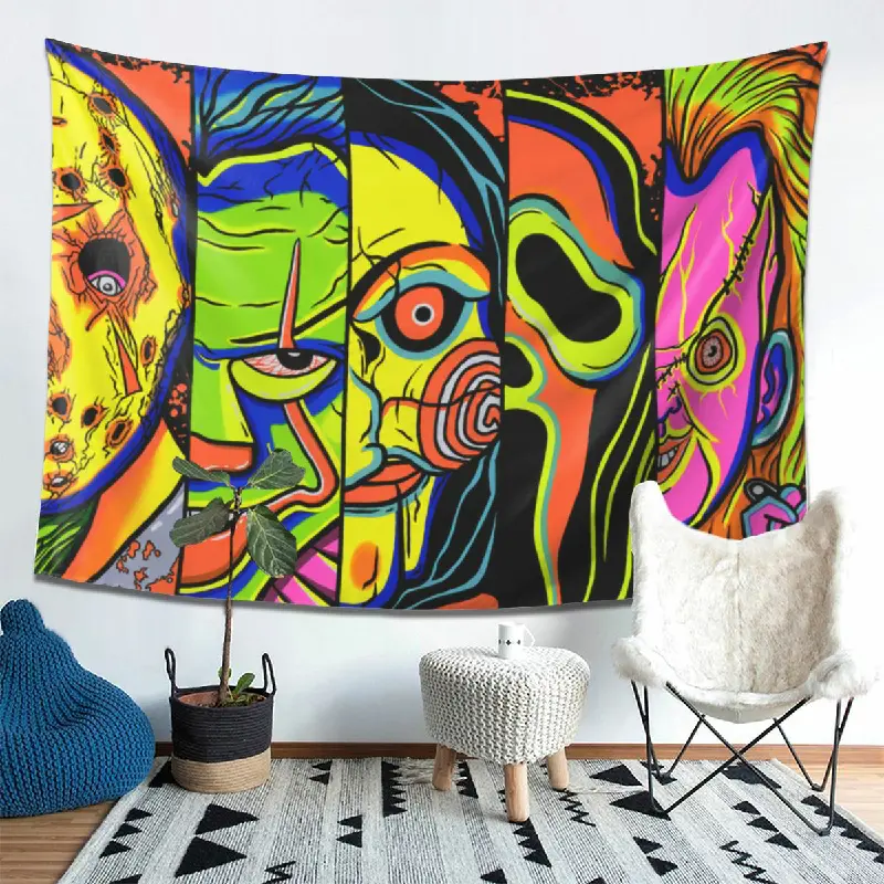 Neon Horror Face Collage Tapestry - Lightweight Multicolor Blacklight Psychedelic Monster Mask Wall Hanging, Peach Skin Fabric, for Bedroom Dorm Home Decor, Multiple Sizes Available
