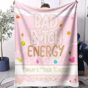 Pink "Bad Btch Energy" Print Flannel Blanket, Cute Fruit & Sweet Treat Accent Pattern Throw Blanket, Soft Cozy Warm Blanket - Lightweight Decorative Blanket, Ideal Gift Blanket for Fun & Sassy Home Decor Bedding Set, Soft Warming Blanket