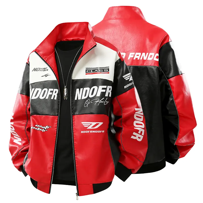 Unisex color-block racing jacket with stand collar, zip closure, letter print, biker outerwear, Y2K hip-hop street  jacket autumn fashionable style