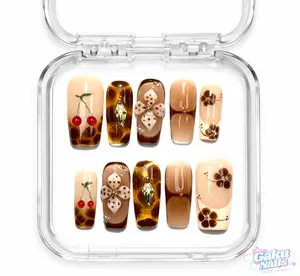 GakuNails CHERRY LATTE 10 PCS Medium Square Handmade Press On 3D Gel Builder Gel Floral French Tip Caramel Elegant Quality Reusable Eco-Friendly Nails Cute