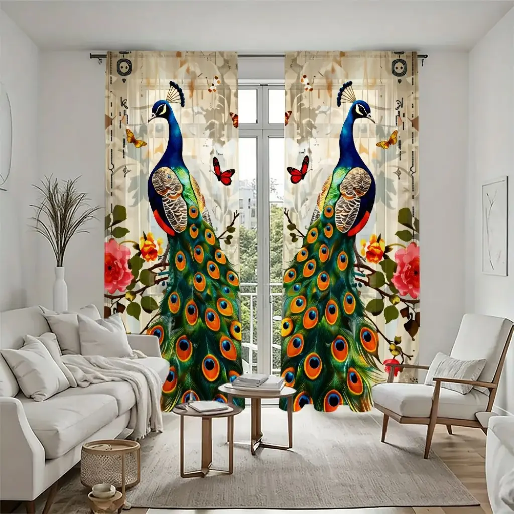 2Pcs Peacock Print Sheer Curtains, Vibrant Floral Pattern, Elegant Modern Design, Easy Install Rod Pocket, Translucent Window Decor, Beautiful Home Decoration for Living Room, Bedroom, Study, Durable Treatment.