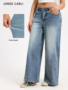 JORGE CARLI Women's Versatile Denim Jeans, Cotton Blend Vintage Washed Wide Leg Jeans, Fashionable Casual Style, Perfect for Everyday Wear