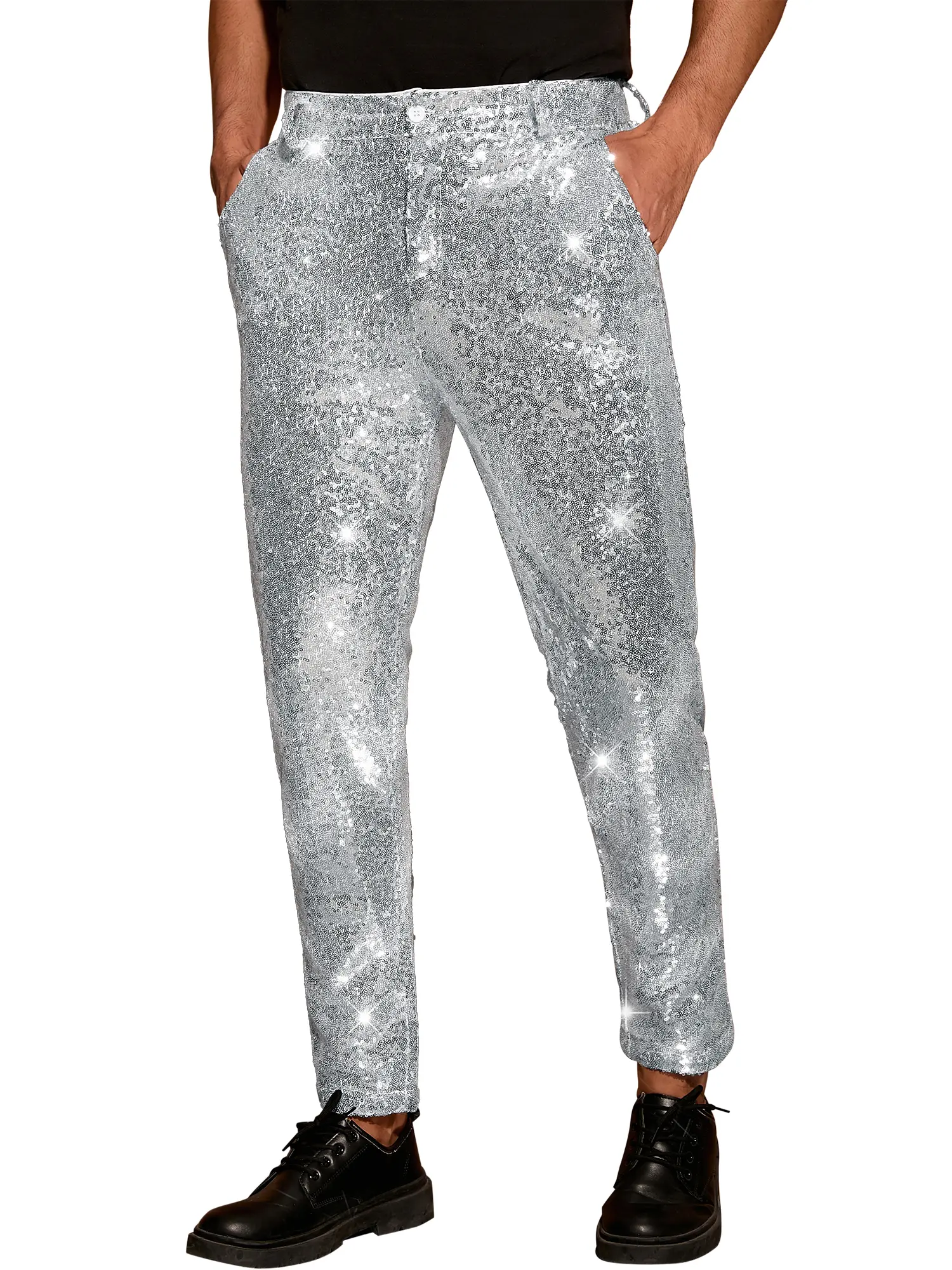 INSPIRE CHIC Shiny Pants Men Glitter 70s Disco Night Club TapeSequin Pants