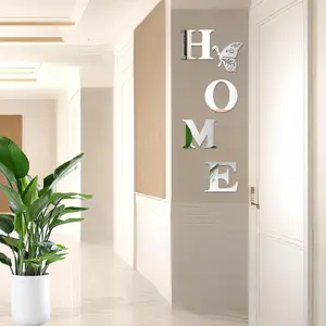 Home Wall Decor Letter Sign Acrylic Mirror Wall Decor Stickers 3D Silver Wall Decor for Living Room, Wall Decorations Family Wall Decals Home Letters Mirror Decor with a Butterfly for Room Bedroom
