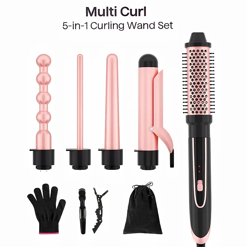 Heikki Vision 5 in 1 Curling Iron Set with Instant Heat Up, Dual Voltage, 4 Interchangeable Ceramic Curling Wands, Curling Brush, Heat Protective Glove & 2 Clips