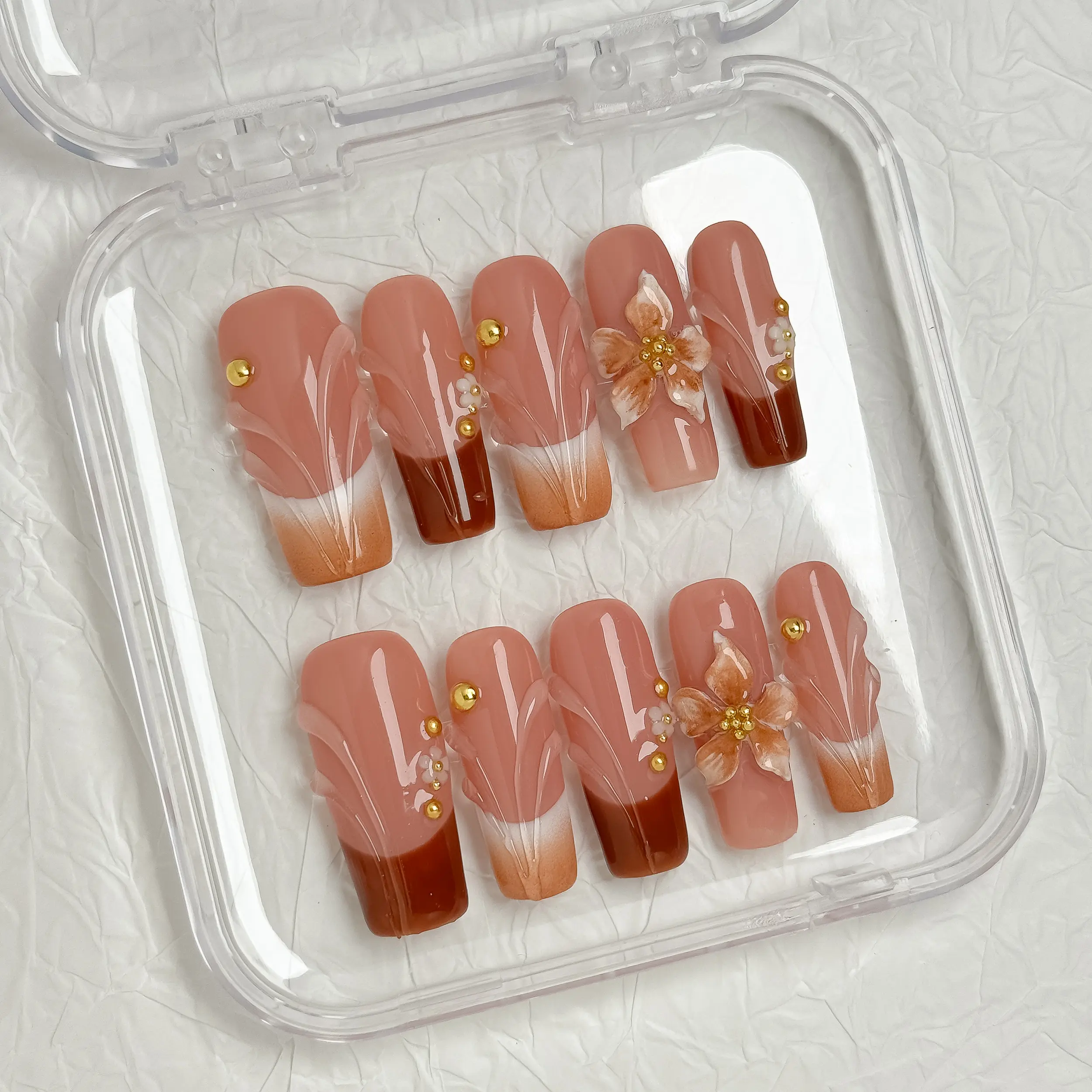NailPopz CARAMEL BLOOM - 100% Handmade 3D Press-On Nails | Durable, Reusable, and Salon-Grade Finish