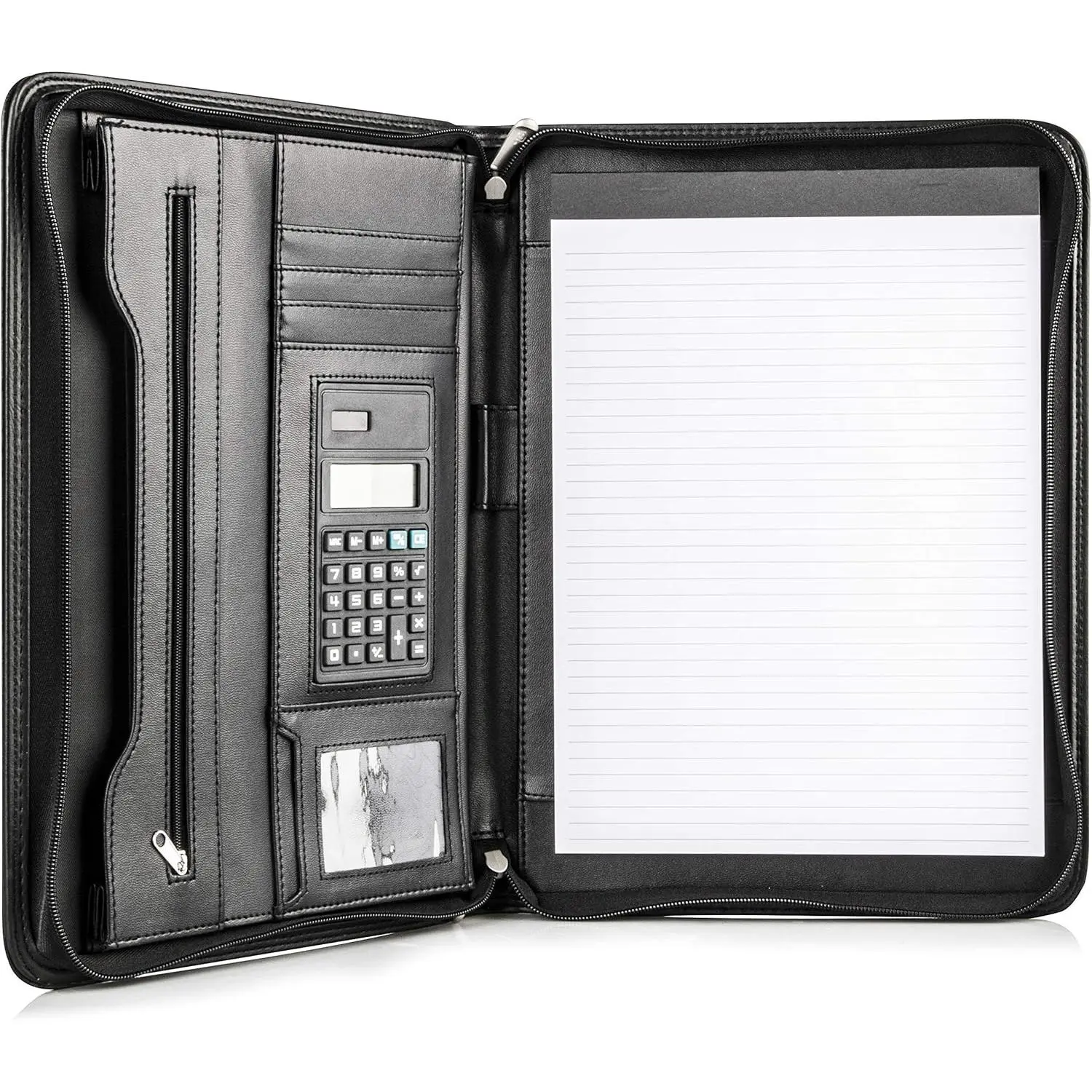 Black Superior Vegan Leather Business Portfolio with Zipper - Padfolio -in-One. Smartest Protective 10.1 Inch Tablet Sleeve, Presentation Slot, Solar Calculator, Card Storage, Writing Pad