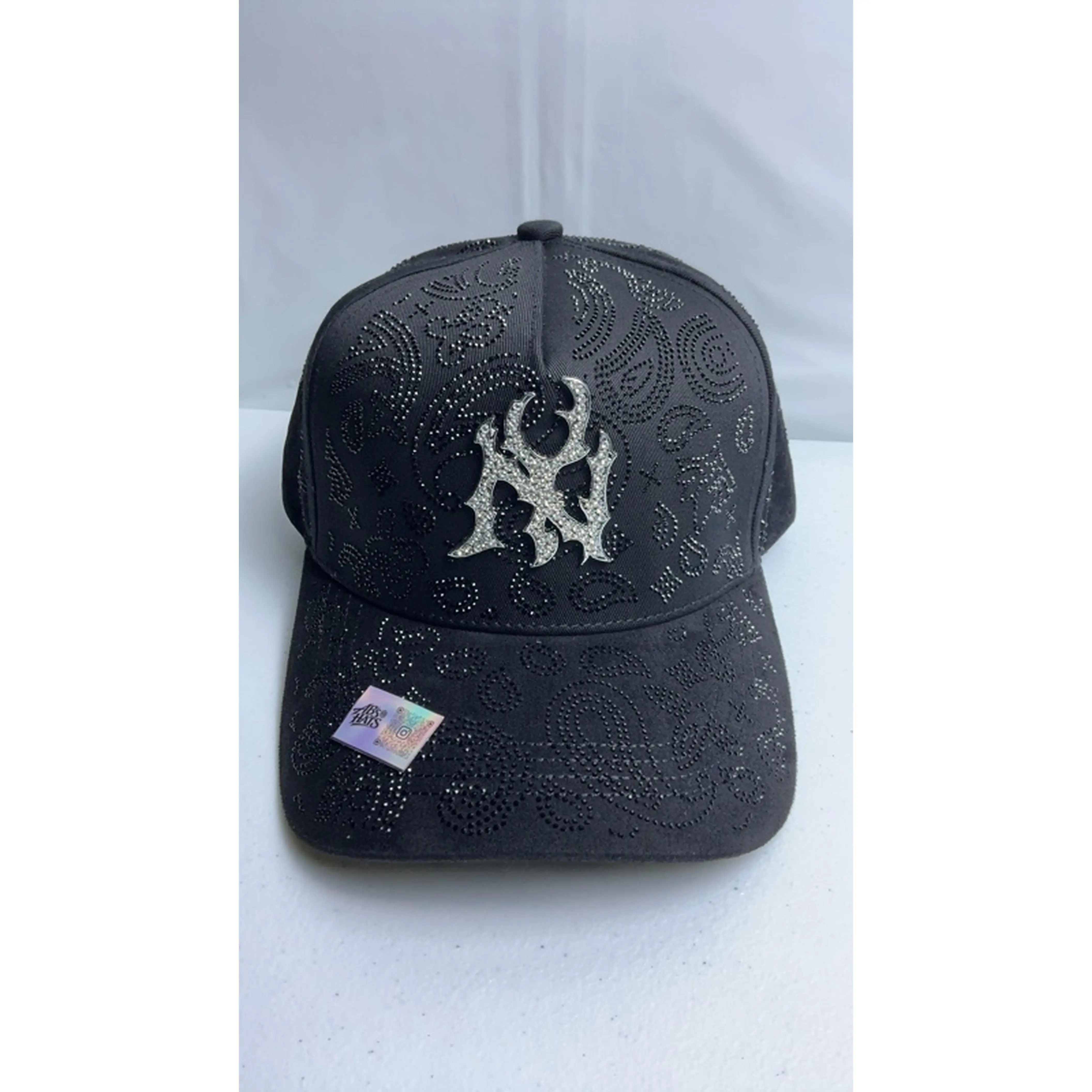NY Crystals Black Baseball Cap with Silver Logo and Rhinestones