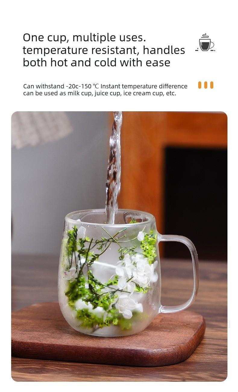 Double Glass Flower Tea Cup, 250ml Double Wall Glass Coffee Cup, Insulated Transparent Cup with Dried Flowers, Heat Resistant Drinkware Tumbler, New Year Gift.The top choice for Mothers Day Gift