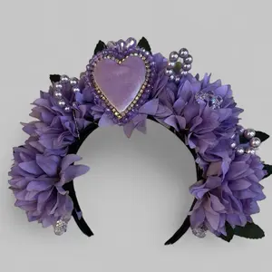 Diadema Catrina Morada with Pearls and Heart Design Purple Floral Headband for Festive Outfits