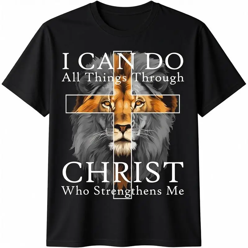 Men's Knitted Customized Christian T-Shirt - "I Can Do All Things Through Christ" Design, Lion Faith Graphic, M-4XL Sizes, All Seasons Tokwear Tee