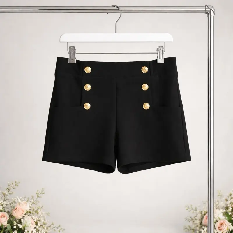These are black Angel Cult high-waisted shorts featuring gold button detailing. Size XL