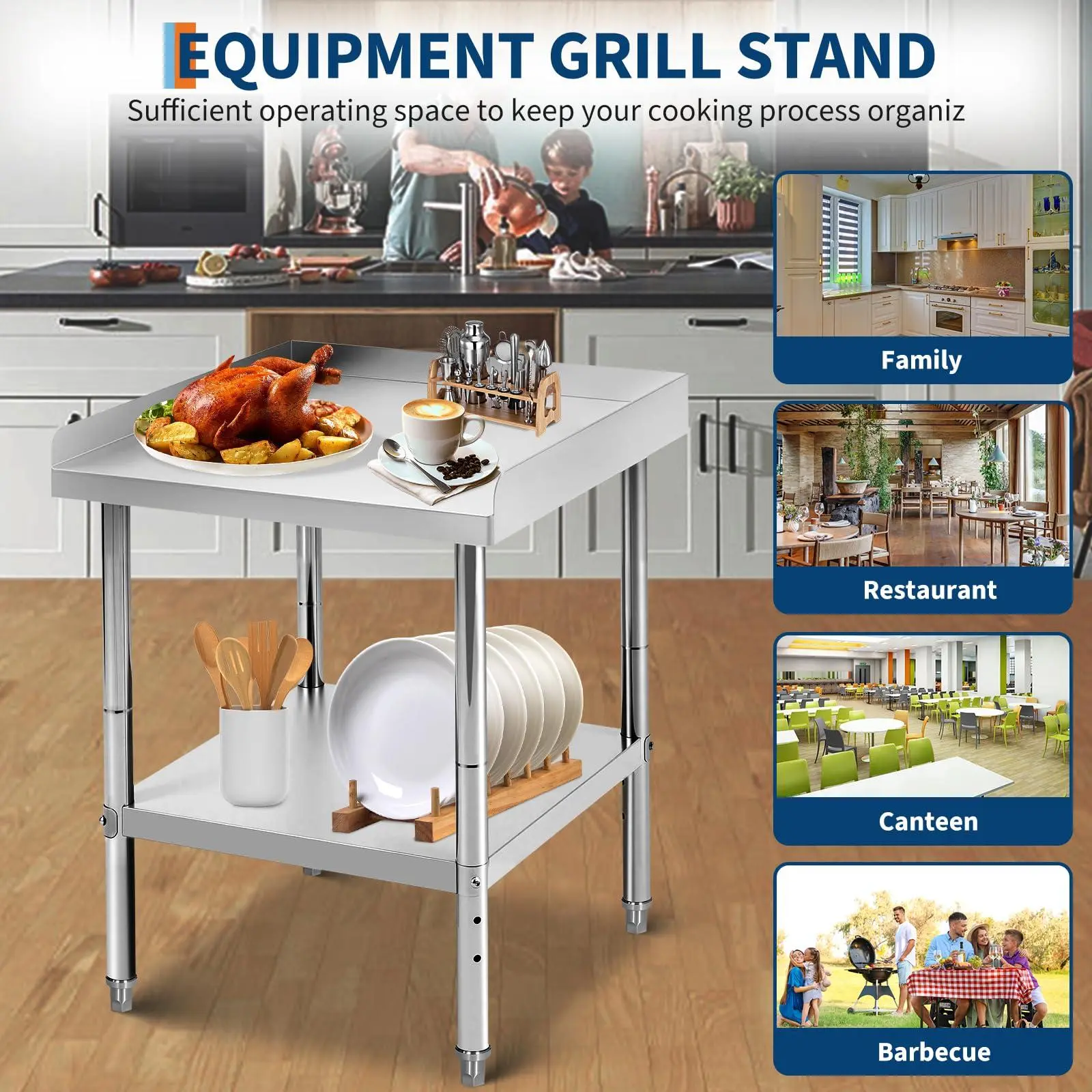 Stainless Steel Grill Stand Table - 660LBS Heavy Duty Single Unit Prep Table with Adjustable Legs, Shelf, Seamless Spill Baffle, Rounded Edge for Kitchen Use