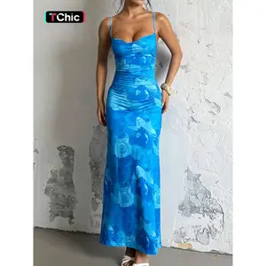 Women's Floral Print Lace Up Bodycon Cami Dress, Elegant Dresses, Adjustable Ruched Sleeveless Long Dress Ladies Clothes for Vacation Holiday Wedding GuestRAIMENTRY