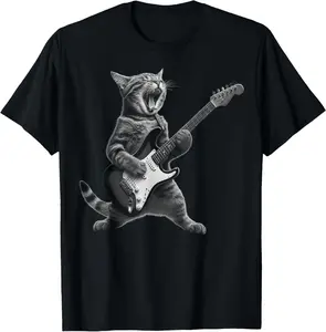 Cat Playing Guitar Rock Star Rock and Roll For Men Women Kid T-Shirt Pure Cotton Graphic Tees Menswear Top: Gifts for Men & Women