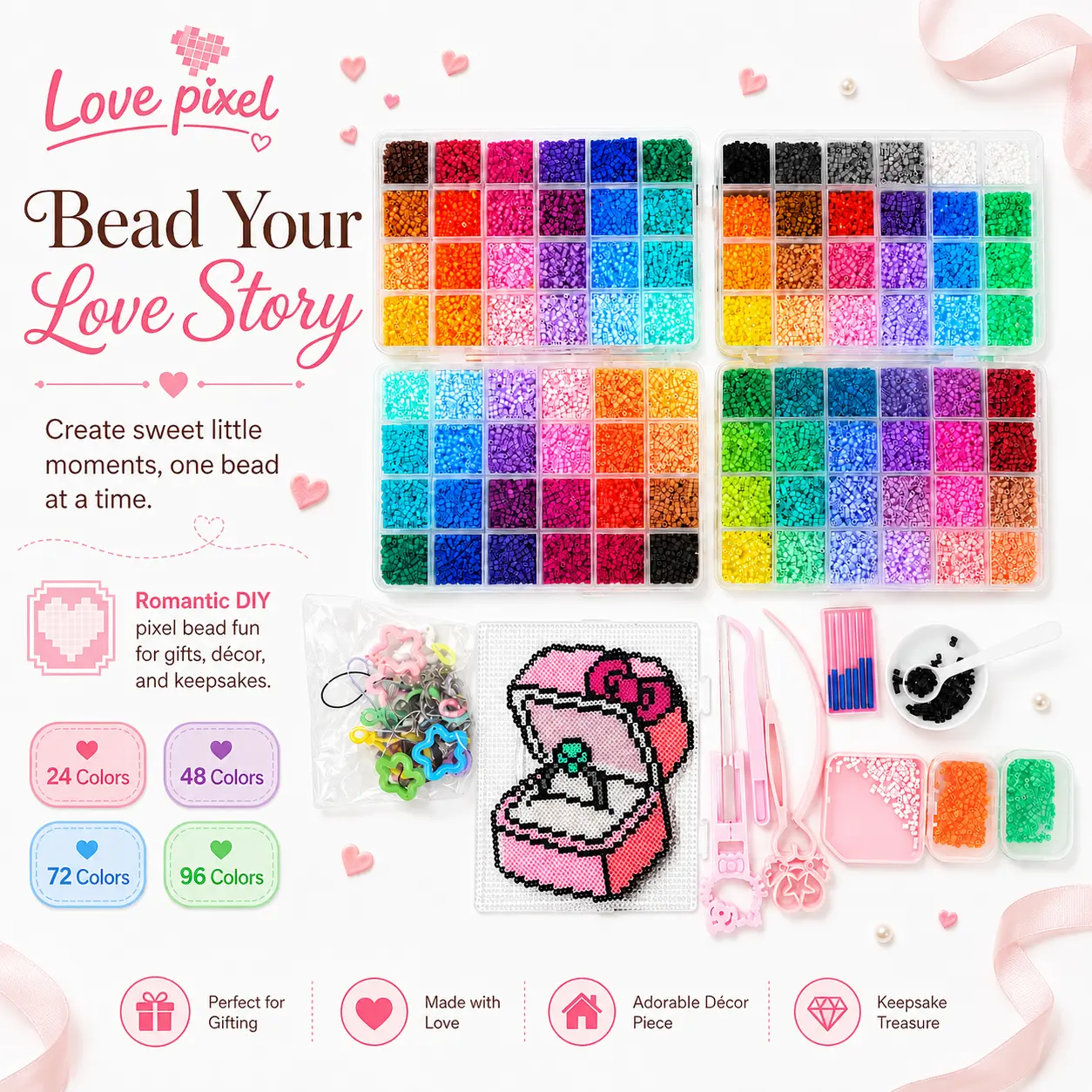 Love Pixel 2.6mm Plastic Fuse Beads Set (24/48/72/96 Colors) - Creative 3D Pixel Puzzle DIY Craft Kit with Nail Board, Ironing Paper, Tweezers, Beading Accessories for Costume Jewelry, Keychains