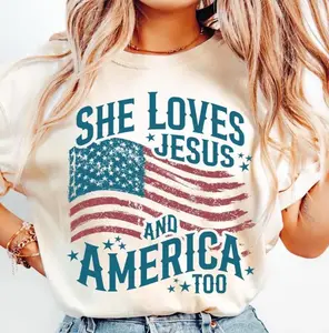She Loves Jesus T-shirt, Vintage American Flag With Bold Faith Quote, For Proud Christian Women, 4th of July Gift, Patriotic Independence Day USA