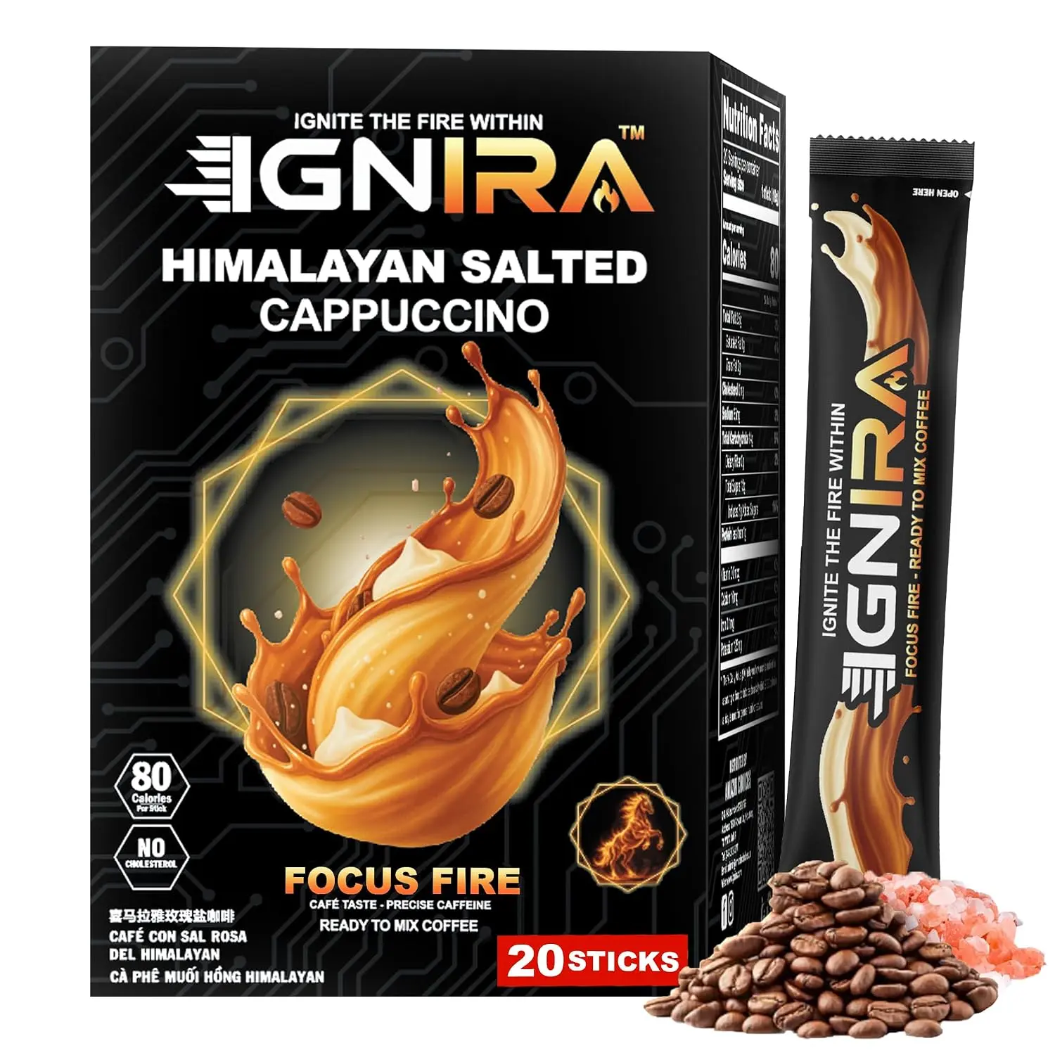IGNIRA Himalayan Salted Cappuccino, Blend Rich Flavor, Premium Robusta Instant Salted Coffee Packets, Hot or Iced Milk Coffee, Smooth Salted Flavor, No Soy, No Cholesterol, Ready-to-Mix, Cafe Taste, 20 Single-Serve Sticks (12.69 oz)