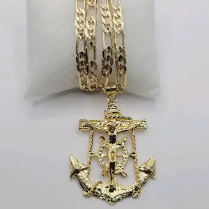 CHRIST ON THE CROSS Chain Figaro Style 24 Inches 5 Millimeters Laminated Gold Jewerly with Anchor Pendant.