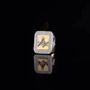 King Of Bling's Real 0.20CT Diamond Masonic 925 Yellow Sterling Silver Men's Big Ring Size 10