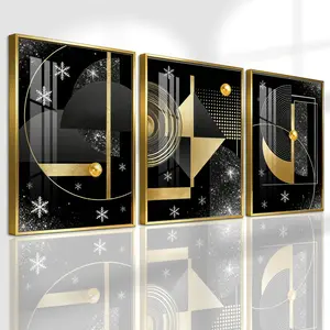 3 Counts Aluminum Alloy Framed Painting, Geometric Gold And Black Abstract Art Pictures, Home Decoration For Living Room, Bedroom, Office, Restaurant, Hallway Wall Decor, Odorless Print Artwork, Luxury Perfect Gift For Friends And Family