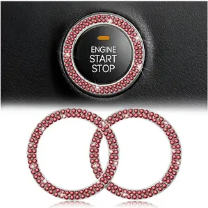 Bling  Rhinestone Engine Start Ring , 2 Pack  Push Start Button Cover/Sticker, Key  Knob Bling Ring, Sparkling  Interior Accessories for Women (Double Red)