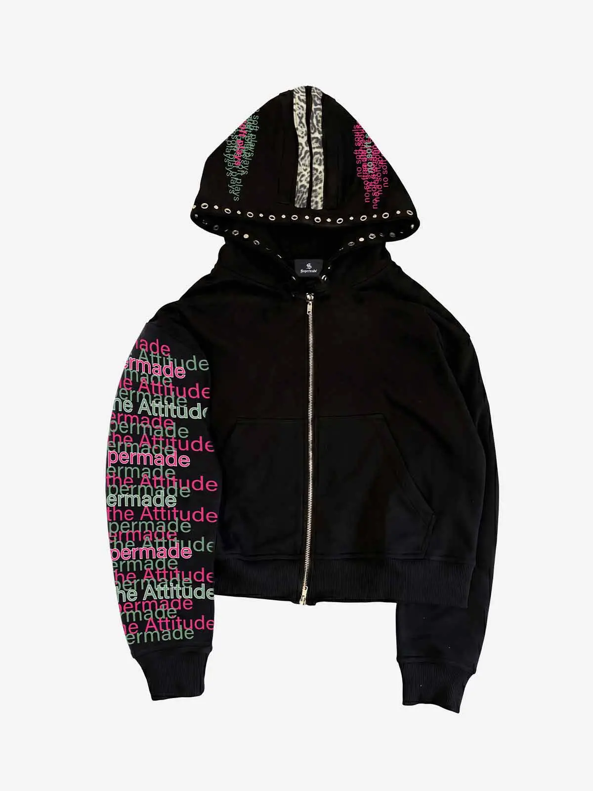 Thesupermade Men's Studded Lace-Up Cropped Hoodie - Leopard Trim, Metal Rivet, Adjustable Fit Graphic Streetwear Top, Unisex Sweatshirt, Tops, Sweatshirts, Punk, Print, Casual, Long Sleeve, Piece, Silver