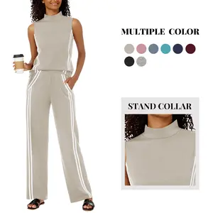 Casly Lamiit 2 Piece Sets for Women Summer Outfits Mock Neck Tank Top & Wide Leg Pants Stripes Casual Loungewear Tracksuits Tanktop Fitted