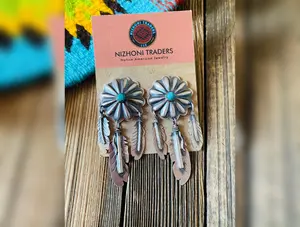 Navajo Sterling Silver & Turquoise Concho Feather Dangle Earrings