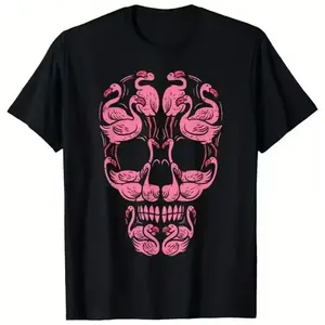 Flamingo Skeleton Graphic T-Shirt for Men Women, Beach Goth Aesthetic Tee, Dark Tropical Skull Shirt, Trendy Unisex Cotton Casual Top, Edgy Summer Streetwear Graphic Tee, Unique Gift for Goth Beach Lovers