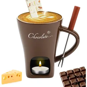Ceramic Fondue Mug with Forks Mini Chocolate Melting Tealight Pot for Cheese Candy Coffee Warmer Great for Camping Date Movie Night Birthday Wedding Desserts (Chocolate)