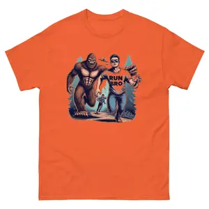 RUN BRO – Funny Bigfoot Tee in Blaze Orange | STICKS 'N STONES™ Unisex classic tee