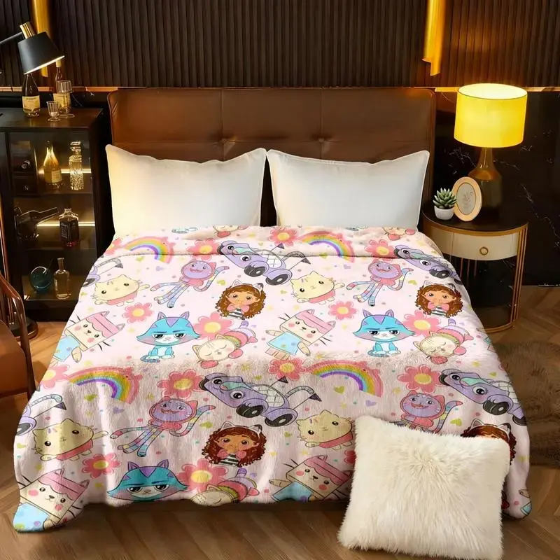 Gabby's Dollhouse Cartoon Flannel   Blanket, Pink Background with Rainbow, Cats and Dolls, Soft Cozy Throw for Kids Bedroom, Sofa, Air Conditioned Room, Travel, Gifts, Flannel Blankets