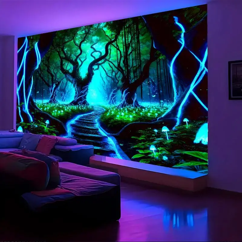 UV Reactive Psychedelic Forest Tapestry  Glowing Tree and Misty Path Design |   Multi-Color Polyester Wall Art for Creative Spaces, Dorms, Living Rooms & Bedrooms |   Vibrant Home Decor