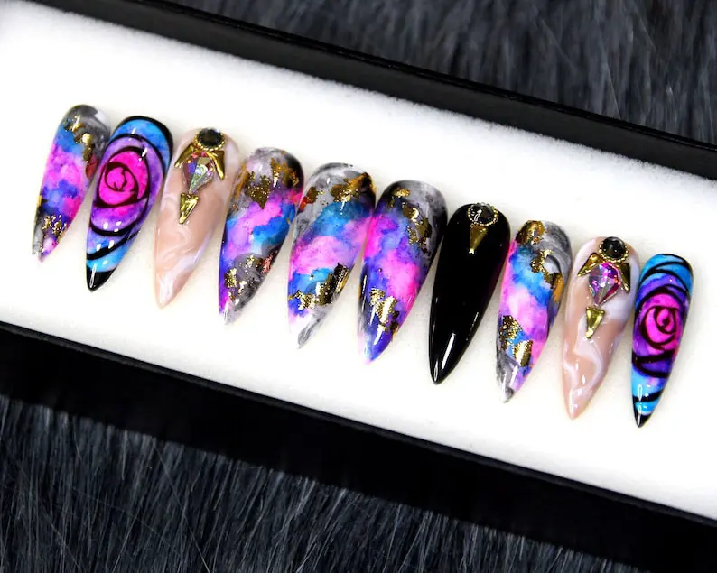 Galaxy Rose Press On Nails | Cosmic Marble Nail Art | Pink Blue Aura Nails | Handmade Fake Nails | Luxury Celestial Nail