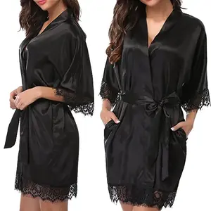Women Iace Silk Pajamas Robes Sleepwear Nightgowns Half Sleeve Nightdress Black Lace Bathrobe Smooth Soft Comfortable Pure Color Loungewear Womenswear