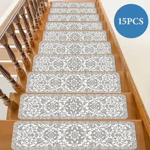 15pcs Exquisite Bohemian Pattern Decorative Print Stair Treads, Anti-Slip Stair Mats, Carpet Stair Treads,  Soft Durable Noise Reduction, Ideal for Wooden Steps, Indoor Stairs, Hallways, Home Deco Staircase Step Treads